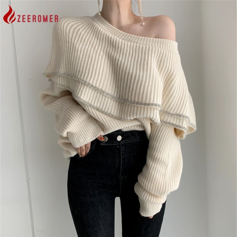 

2023 Autumn New Elegant Fashion Sweater Women Korean Off Shoulder Double Layer Ruffled Long Sleeve Jumper Vintage Warm Pullovers