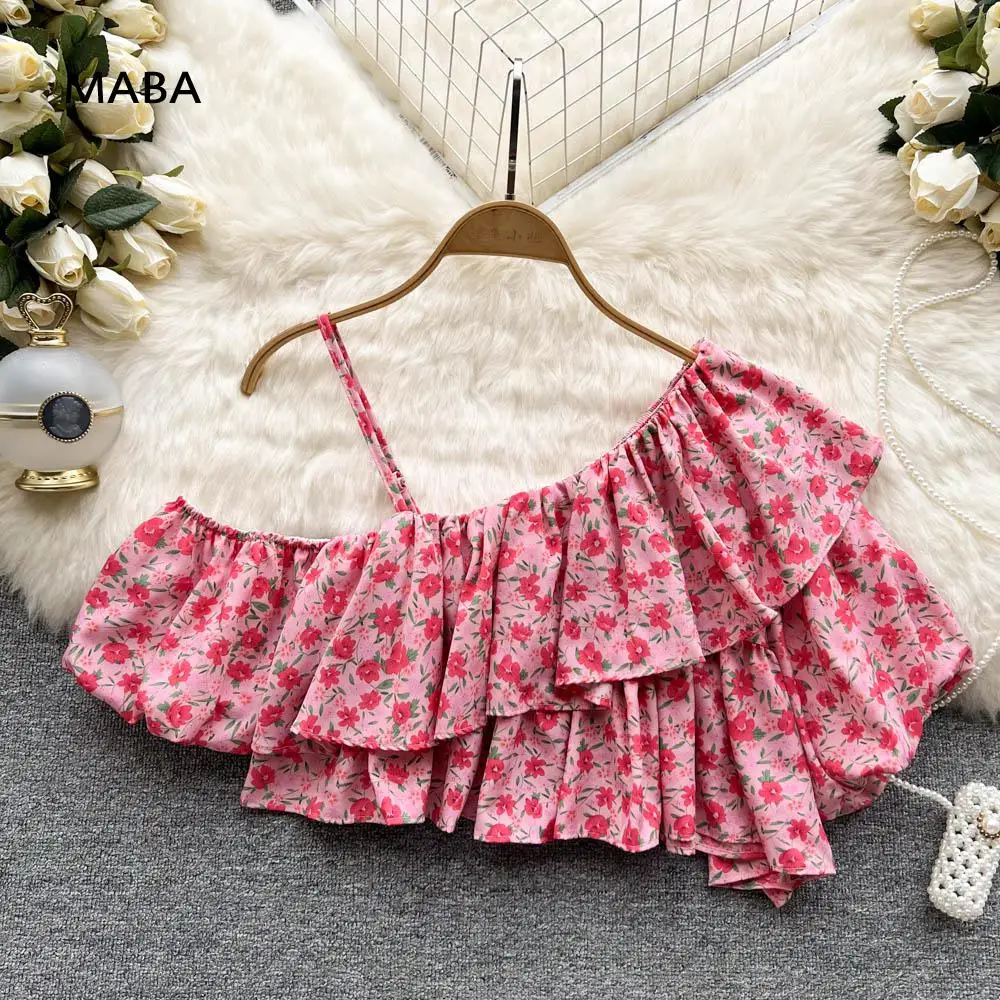 

Bohemian Vintage Ruffle Short Shirt Top Women 2022 Summer Off Shoulder Lantern Sleeve Floral Midi Blouses Sexy Beach Crop Top