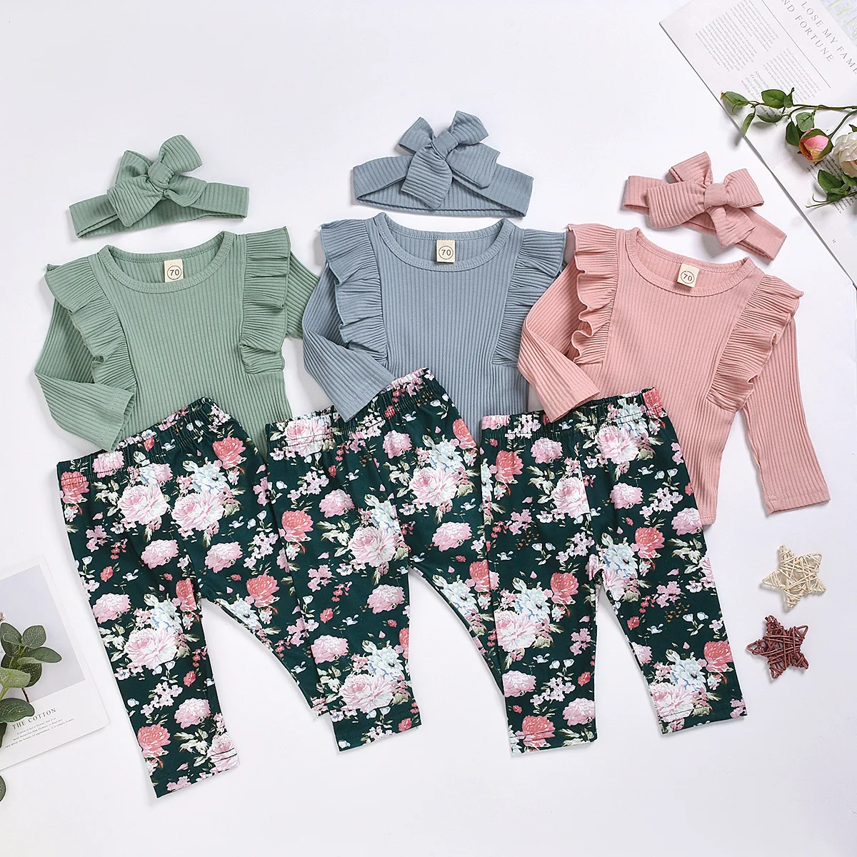 

Baby Girls Clothes Infant Romper Set Toddler Solid Ruffle Bodysuit Floral Print Pants + Headband Sweet Cute Children's Clothing