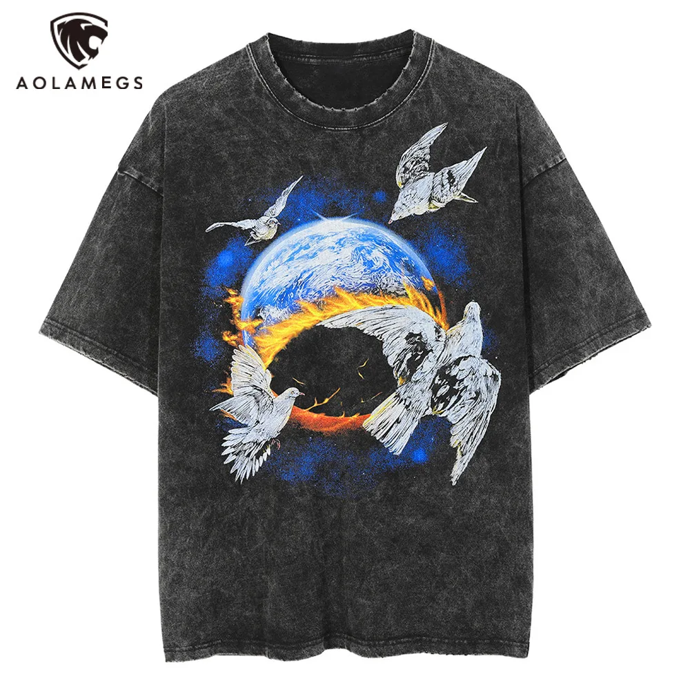 

Vintage Men Washed Oversized Tshirt Earth Graphic Print Black Short Sleeves Summer Hip Hop Punk Style Tops Tee Unisex Streetwear
