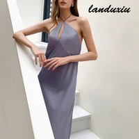 landuxiu womens summer thin satin ice silk pajamas french elegant open back suspender long skirt home service