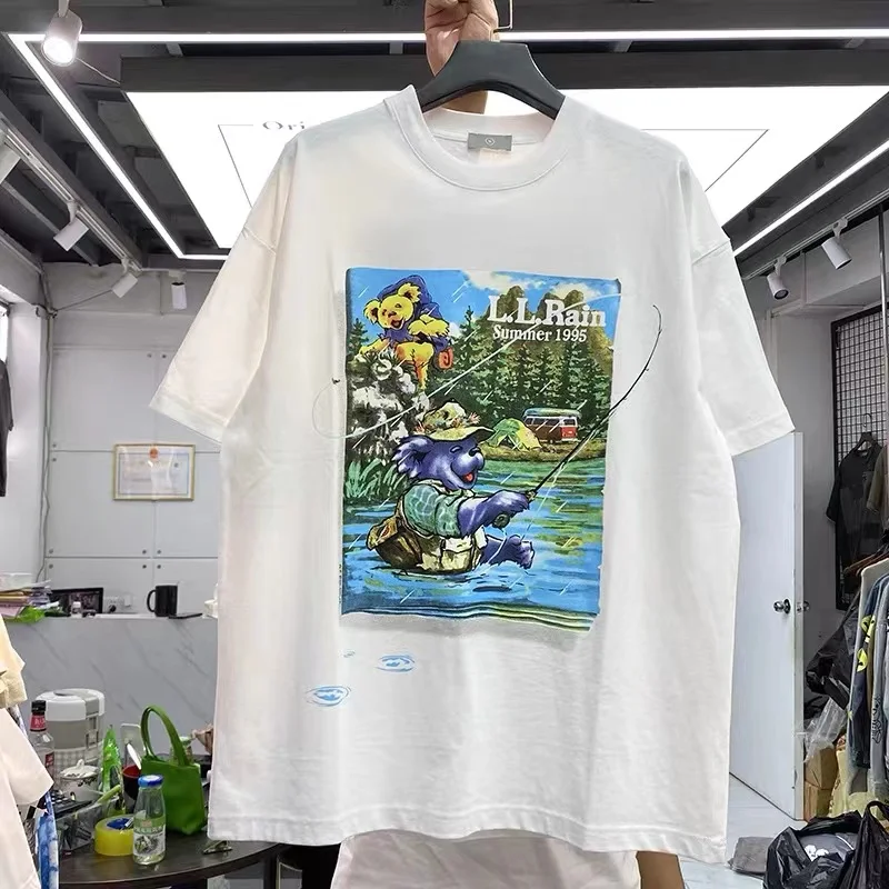 

Creative cartoon bear print oversize T-shirt with round neck