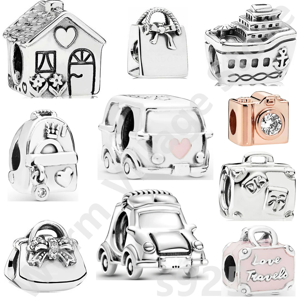 

925 Silver Antique Car Car Handbag Train Pendant Beaded Bracelet with Elegant Craft Jewelry, Glittering Camera