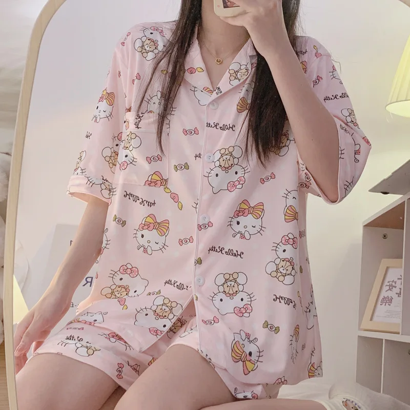

Милые пижамы Hellokittys Sanrio одежда Мультяшные милые пижамы женские летние свободные тонкие шорты с коротким рукавом Домашняя одежда костюм подарок