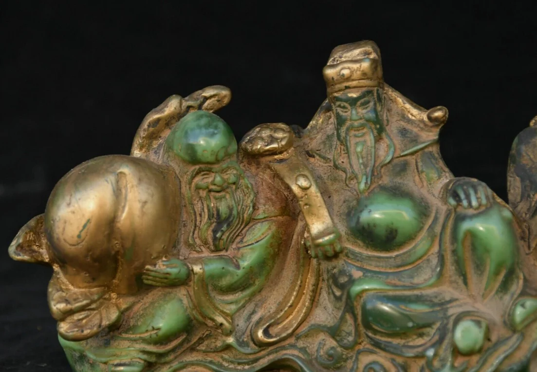 6 дюймов старый зеленый нефрит позолоченная резьба 3 долголетия Бог Фу Лу Шоу