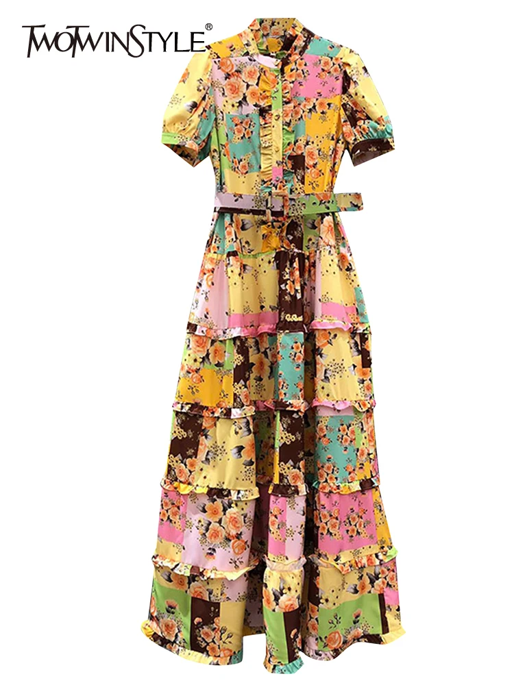 

TWOTWINSTYLE Streetwear Long Dress For Women Round Neck Short Sleeve High Waist Print Colorblock Dresses Female Summer Clothing