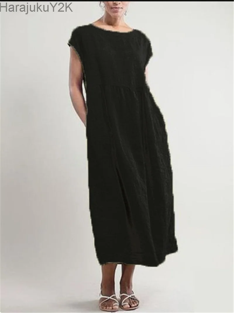 

COTTON Short Sleeve Women Dress A-LINE O-Neck Loose Waist Pocket Mid-calf Lady Dress Casual Loose Plus Size 5XL