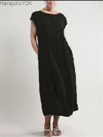 cotton short sleeve women dress a line o neck loose waist pocket mid calf lady dress casual loose plus size 5xl