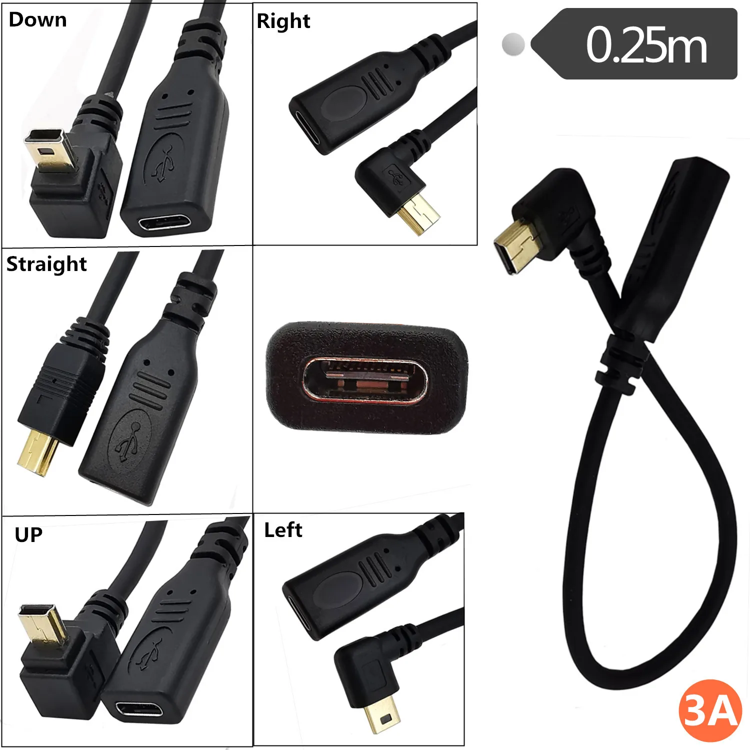 Купи Gold-plated 3A mini5p male elbow to Type-c female mobile phone tablet camera T-port data charging conversion cable за 160 рублей в магазине AliExpress