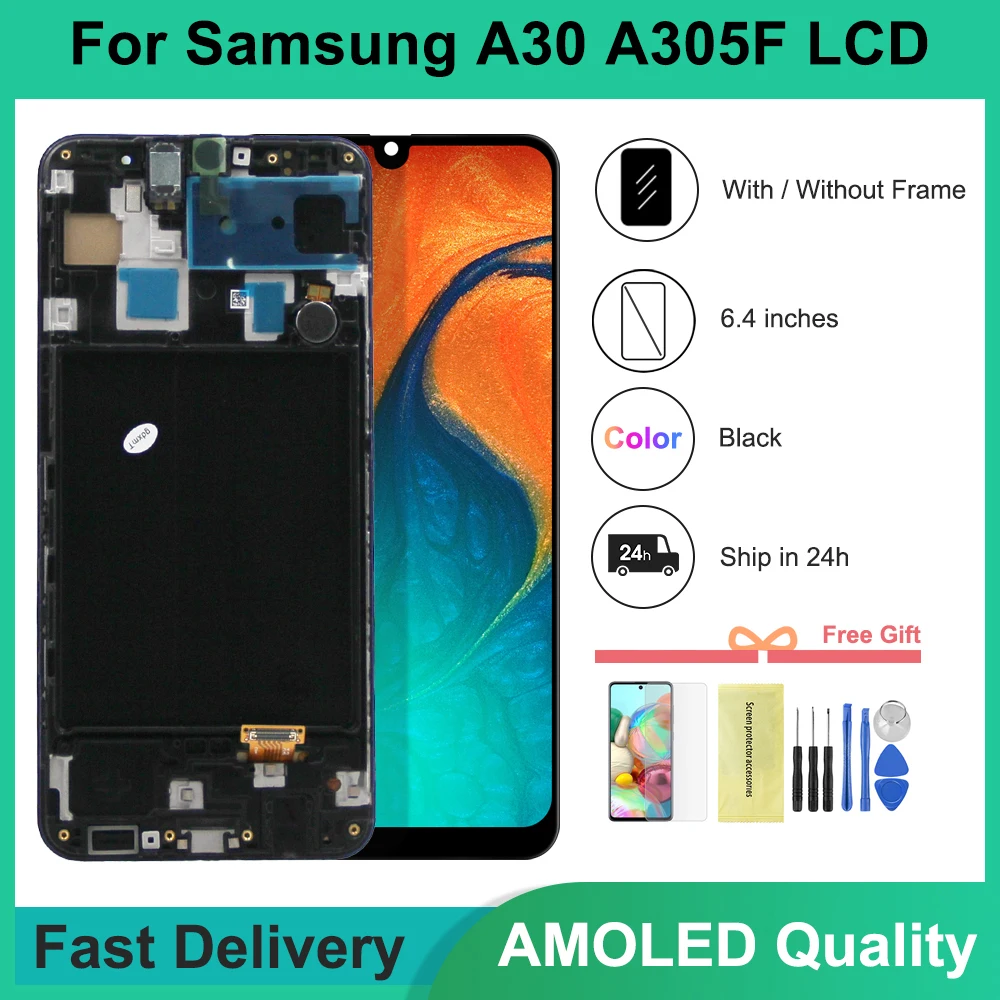 Экран OLED A30 с рамкой, ЖК-дисплей для Samsung Galaxy A30 A305 A305FN/DS A305F/DS, сменный цифровой сенсорный экран