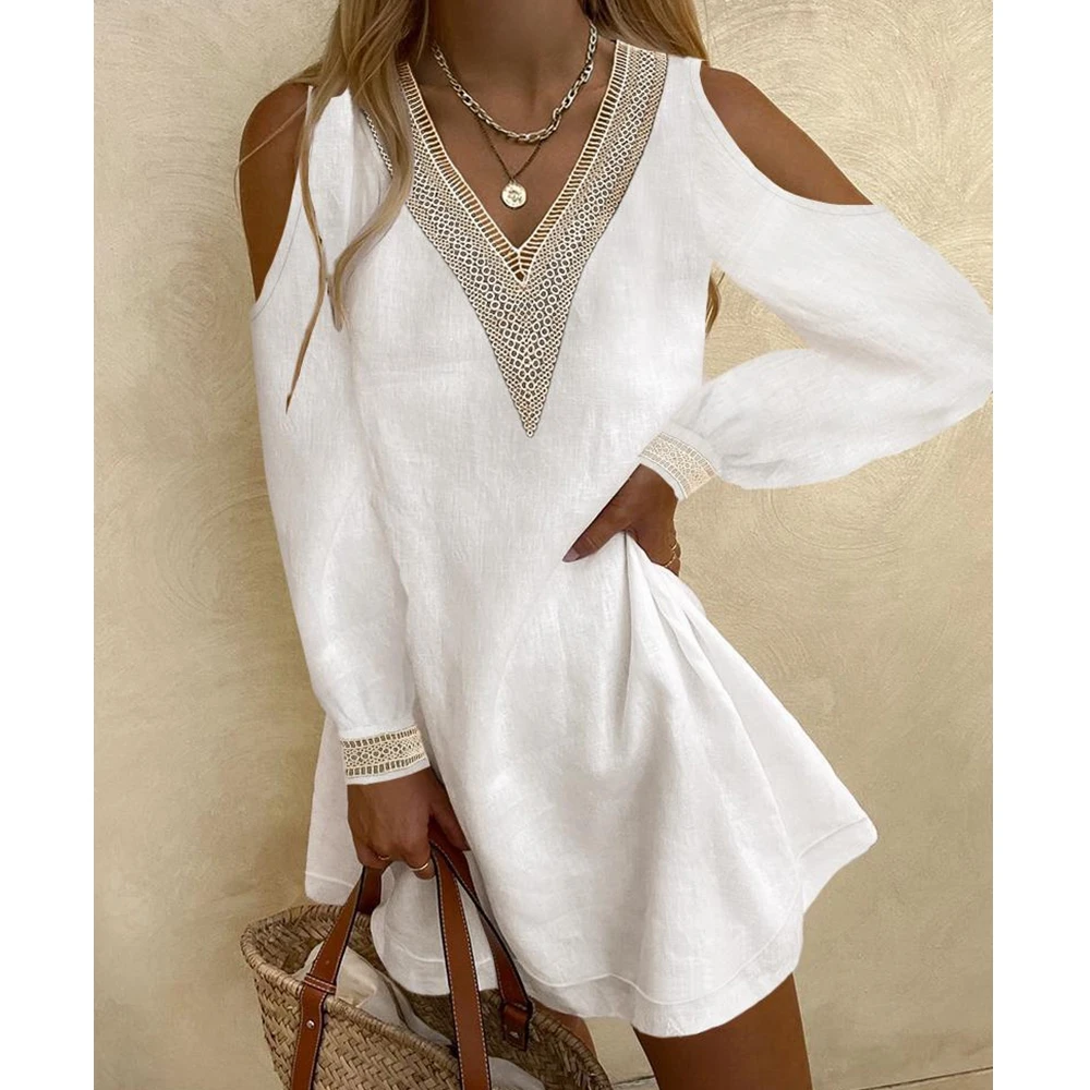

Wepbel Off-shoulder Casual Loose Dress Solid Color Mini Summer Dress Women Tape-panel Contrast Lace Cold Shoulder Casual Dress