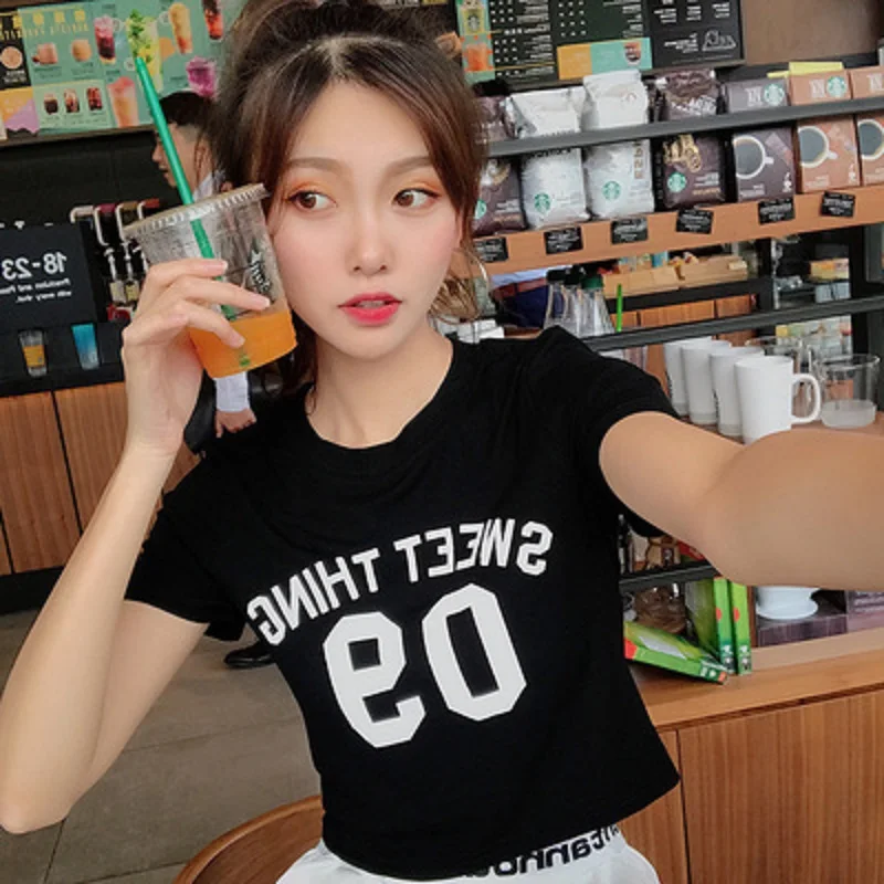 

2022 Summer New Letter High-waisted Navel Sexy Short-Sleeved T-shirt Vintang Y2K Top High Street Park Clothes streetwear T-shirt