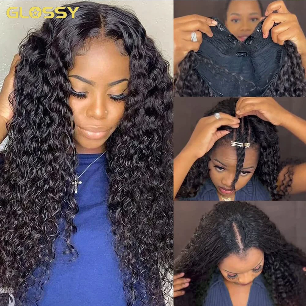 30 32 Inch Deep Wave V U Part Wig Human Hair No Leave Out Thin Part No Glue Peruvian Curly Human Hair Wigs for Women Water Wave