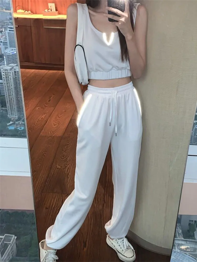 

Summer Leisure Sports Suits Women 2022 New Tops ＋ High Waist Wide-Leg Pants Two-Piece Fitness Exercise Set Trend