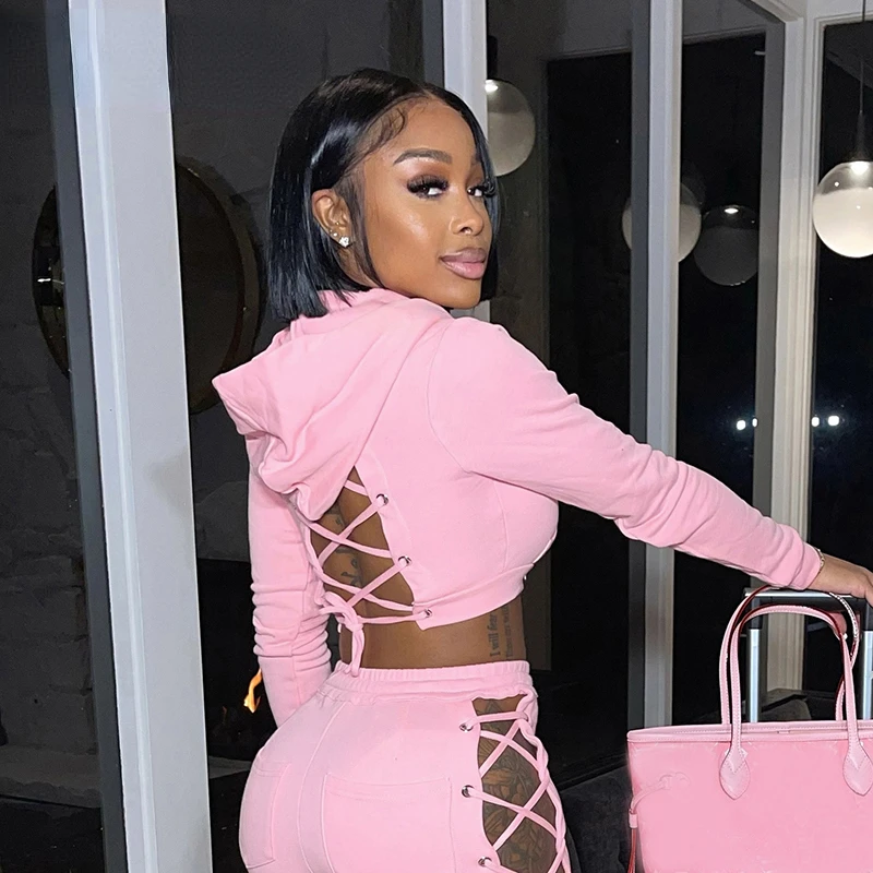 

y2k hoodies sudaderas sweatshirts Women Piece Set Tracksuits Outfits Women Sexy Lace Up Hoodies Sweatshirt Crop Top+Joggers Holl