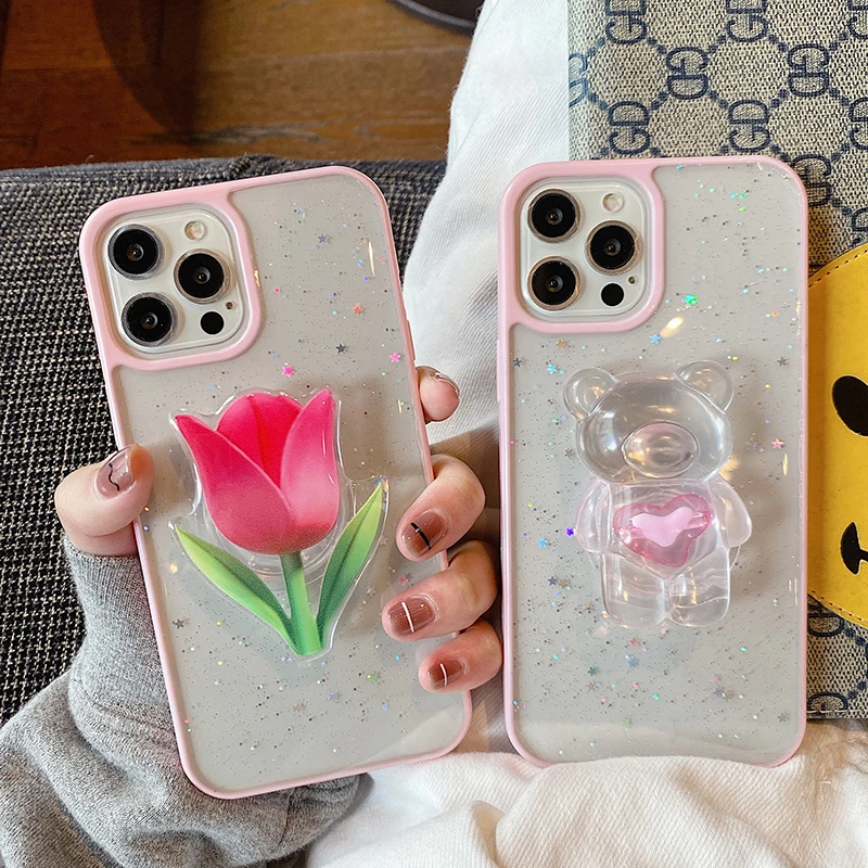 

Fashion Shiny Transparent Bear Folding Stand Female Soft Case For Iphone 11 12 13 Pro Max 7 8 Plus Xr X Xs Se 2020 Cover Fundas
