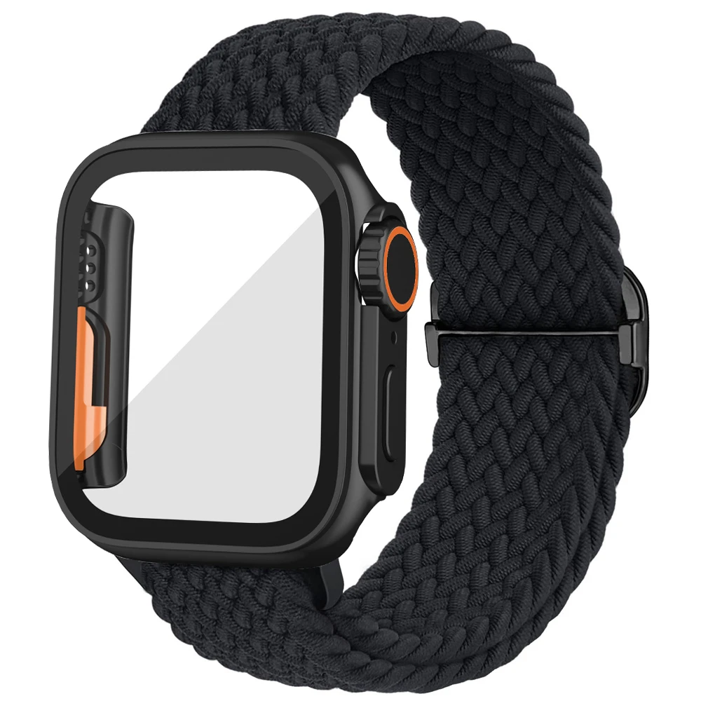 Case+Strap for Apple Watch Band 45mm 44mm 41mm 40mm Braided Stretchy Solo Loop Wristband iWatch 8 7 6 5 4 SE Screen Protector