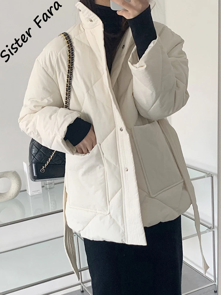 

Sister Fara Winter Thick Cotton Padded Coats Women Single-breasted Zippers Lace-up Female Parkas Stand Collar Female Jackets