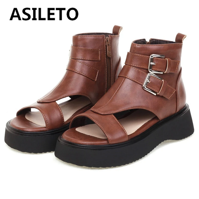 

ASILETO 2022 Platform Woman Sandals Peep Toe Cover Heels Zipper Buckles Cool Large Size 35-43 Solid Brown Black Summer S3309