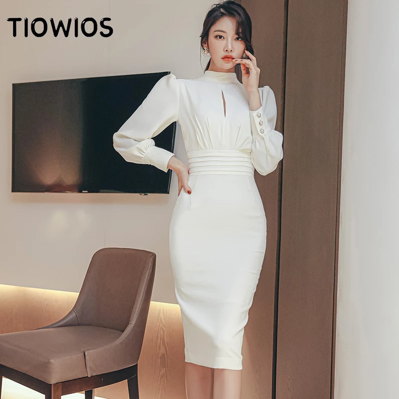

TIOWIOS New Woman Winter Korean Version Socialite Temperament Slim Waist Slim Lace Hip Fashion Dress