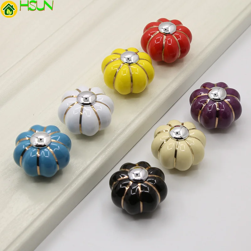 

2 pcs Circular single hole cabinet door handle drawer cabinet creative art colorful Gold Silver Pumpkin cartoon ceramic handle