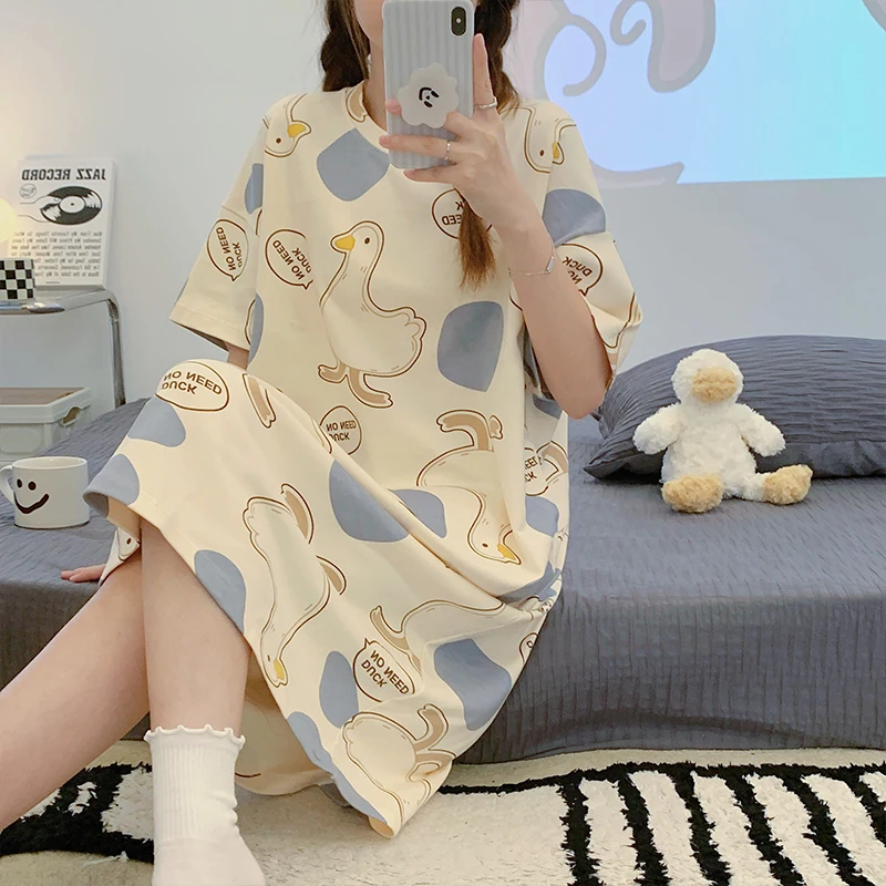 CAIYIER Summer Loose Women Nightdress Short Sleeve Stripe Print Sleepshirts Cute Girls Soft Nightgowns Big Size M-3XL Home Dress