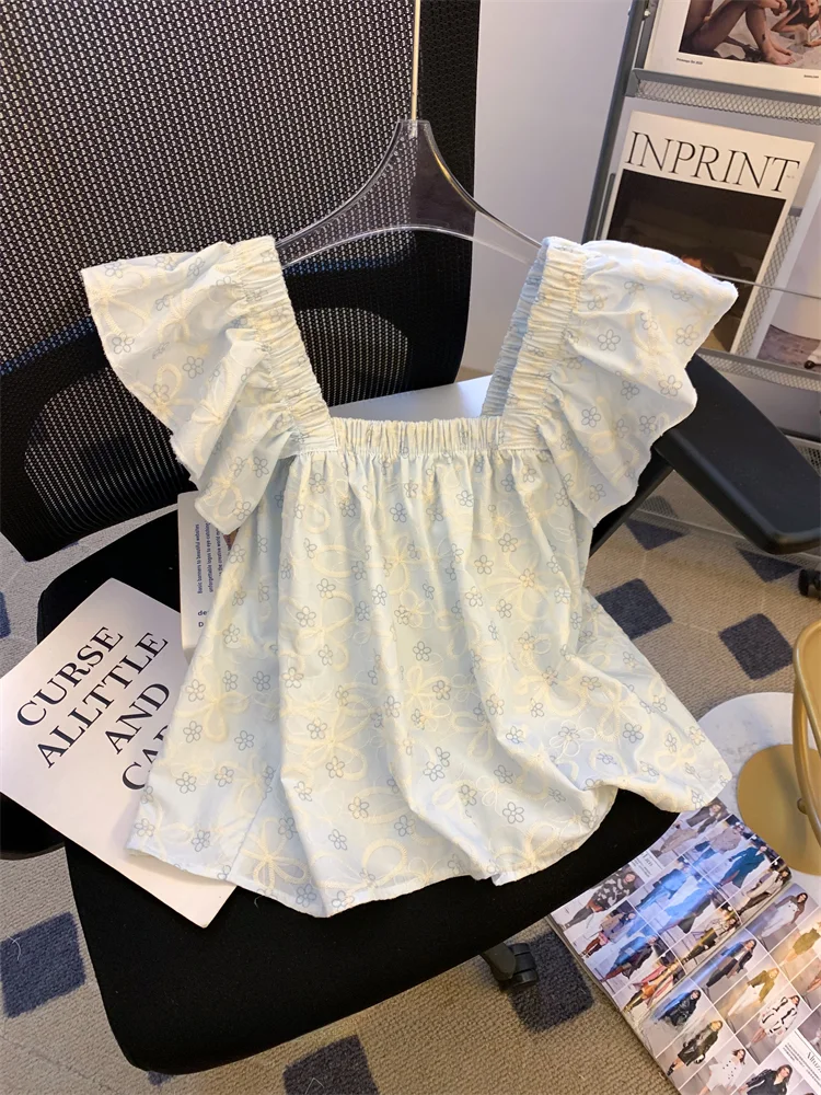 Французская синяя рубашка sle с квадратным воротником и маленькими рукавами