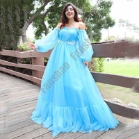 charming blue evening dresses off the shoulder puffy full sleeve luxury woman vestidos prom plaet white appliques robe de soiree