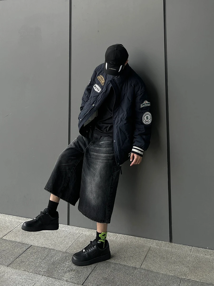 REDDACHIC Ретро черные джинсы с усами Jorts Мужские потертые свободные повседневные