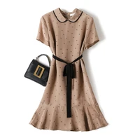 preppy style100 natural silk thin summer woman dress a line mid calf peter pan collar geometric pullover french dress women