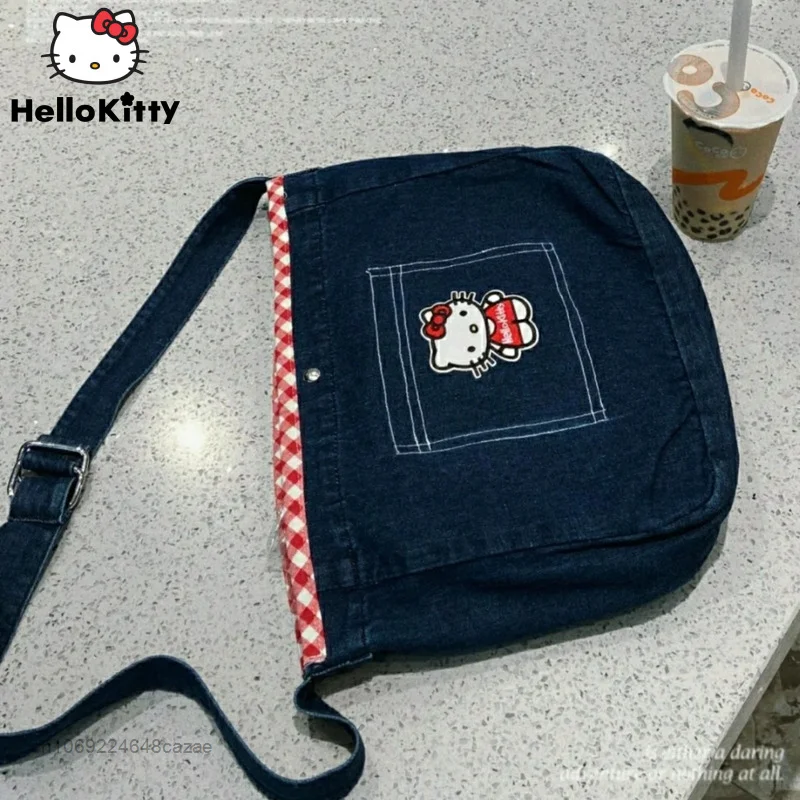 

Sanrio Hello Kitty Large Capacity Tote Bag Y2k Harajuku American Retro Style Student Denim Bag Versatile Messenger Bag For Women