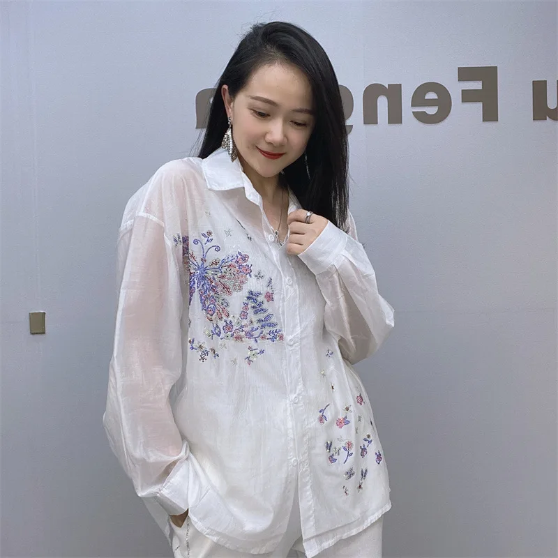 

Vintage Diamond White Simple Cotton Button Up Shirt Comfortable Casual Long Sleeve Loose Tops Blouses for Women Clothing