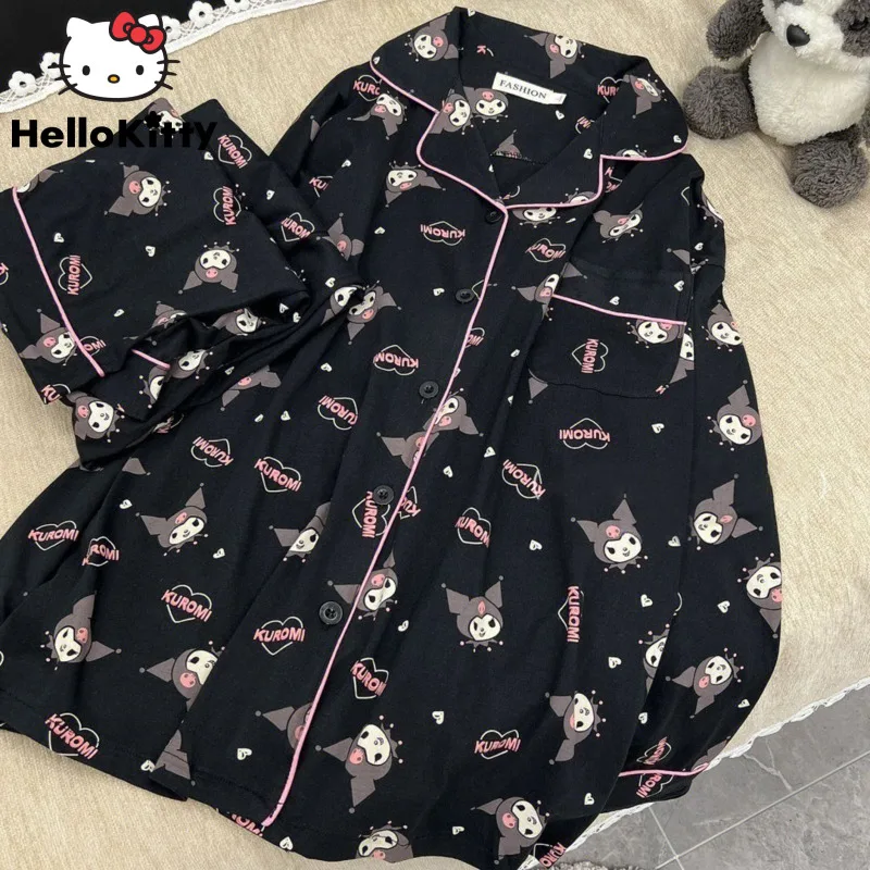 Sanrio Kuromi Women's Pajamas Cartoon Cute 2023 New Ins Spring Long-sleeved Students Adult Cardigan Sleepwear  Pajamas Set
