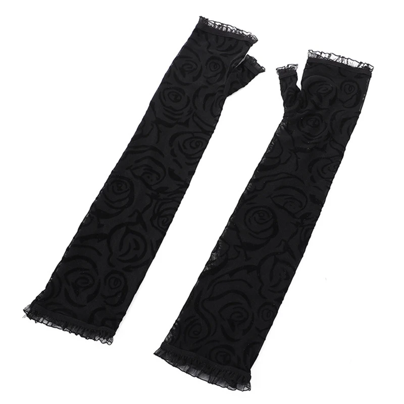 

Sexy Transparent Fashion Floral Decor Gloves Elastic Bridal Etiquette Long Sleeve Gloves See Through Black Fishnet Glove T8NB