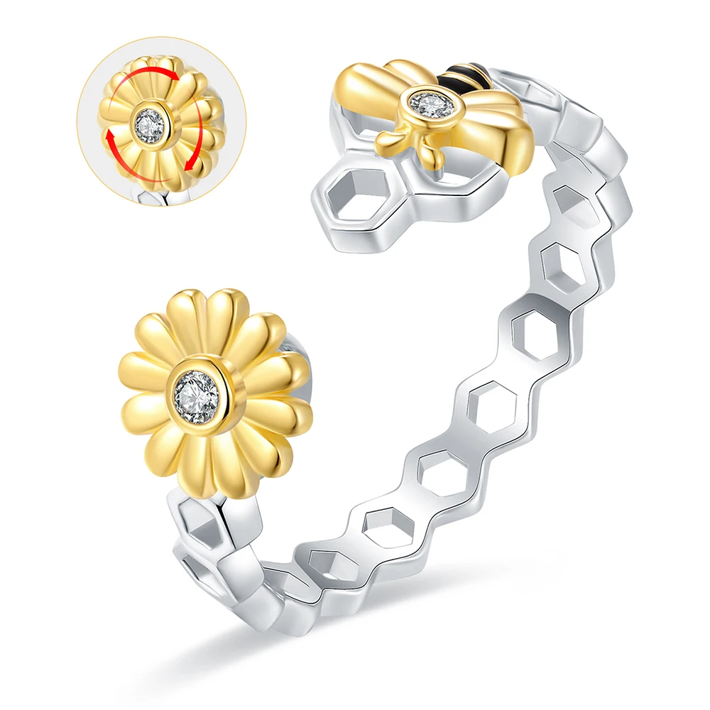 

925 Sterling Silver Cute Animal Bee Rotatable Spinner Anxiety Fidget Daisy Flower Rings Worry Stress Relief Jewelry for Women
