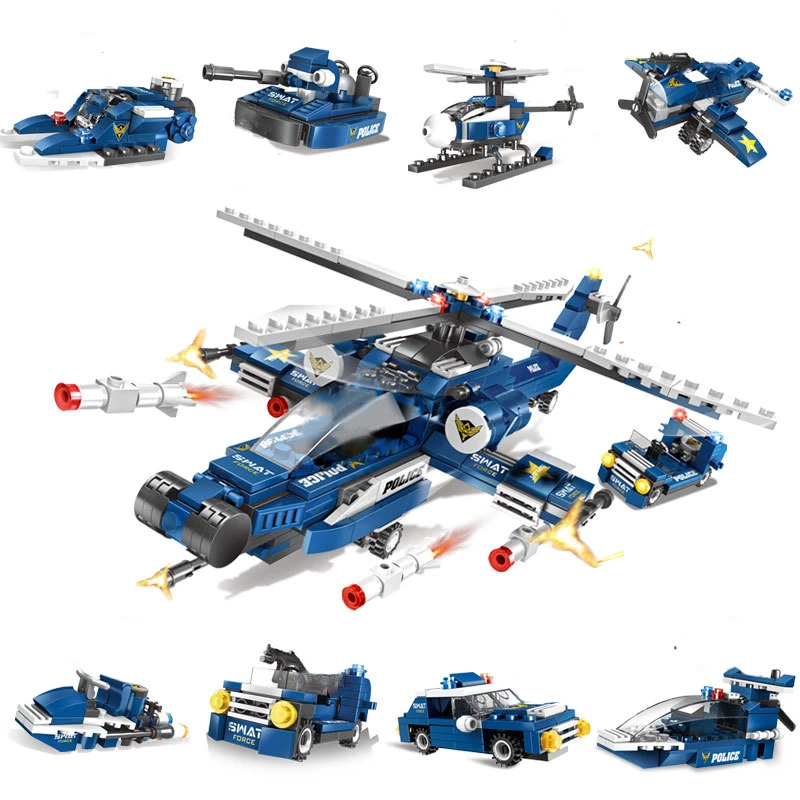 

515PCS 8in1 Police Helicopter Building Blocks City Kids Toys For Children Swat Figures Boat Truck Vehicles Bricks Gift