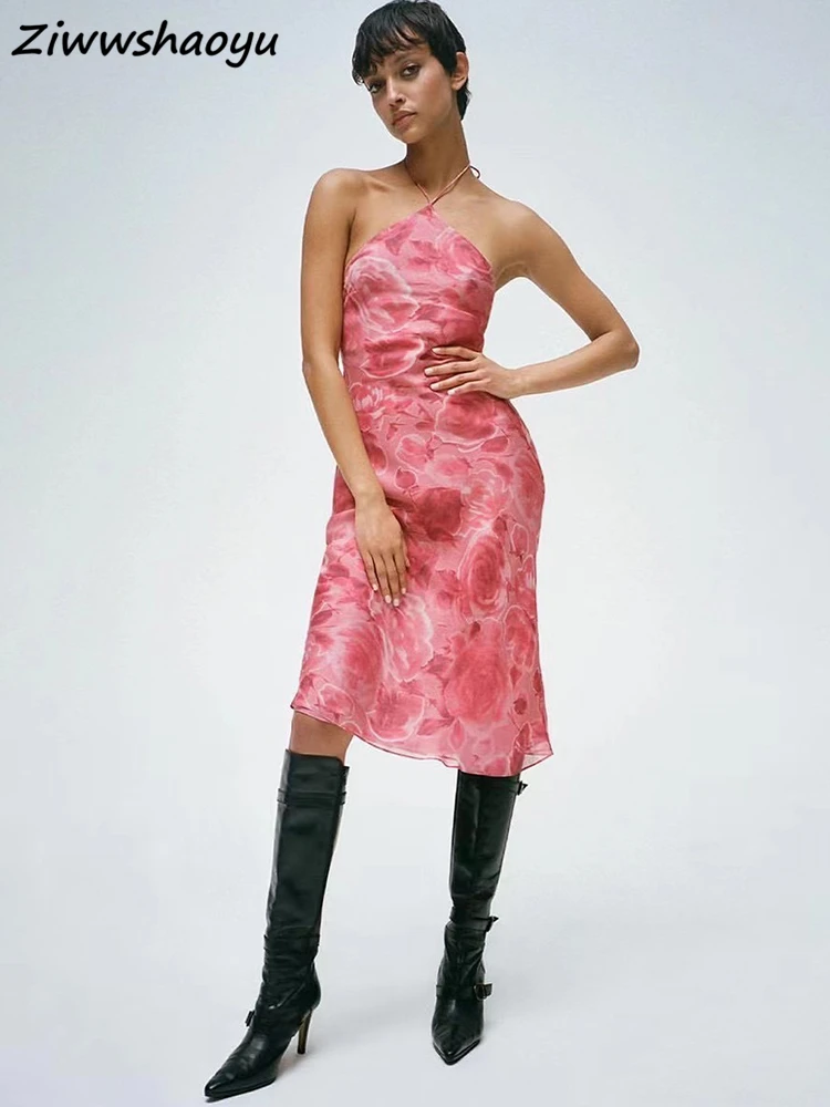 

Женское модельное платье миди из натурального шелка, элегантное дизайнерское платье с открытой спиной и лямкой на шее, с красным цветочным принтом, лето