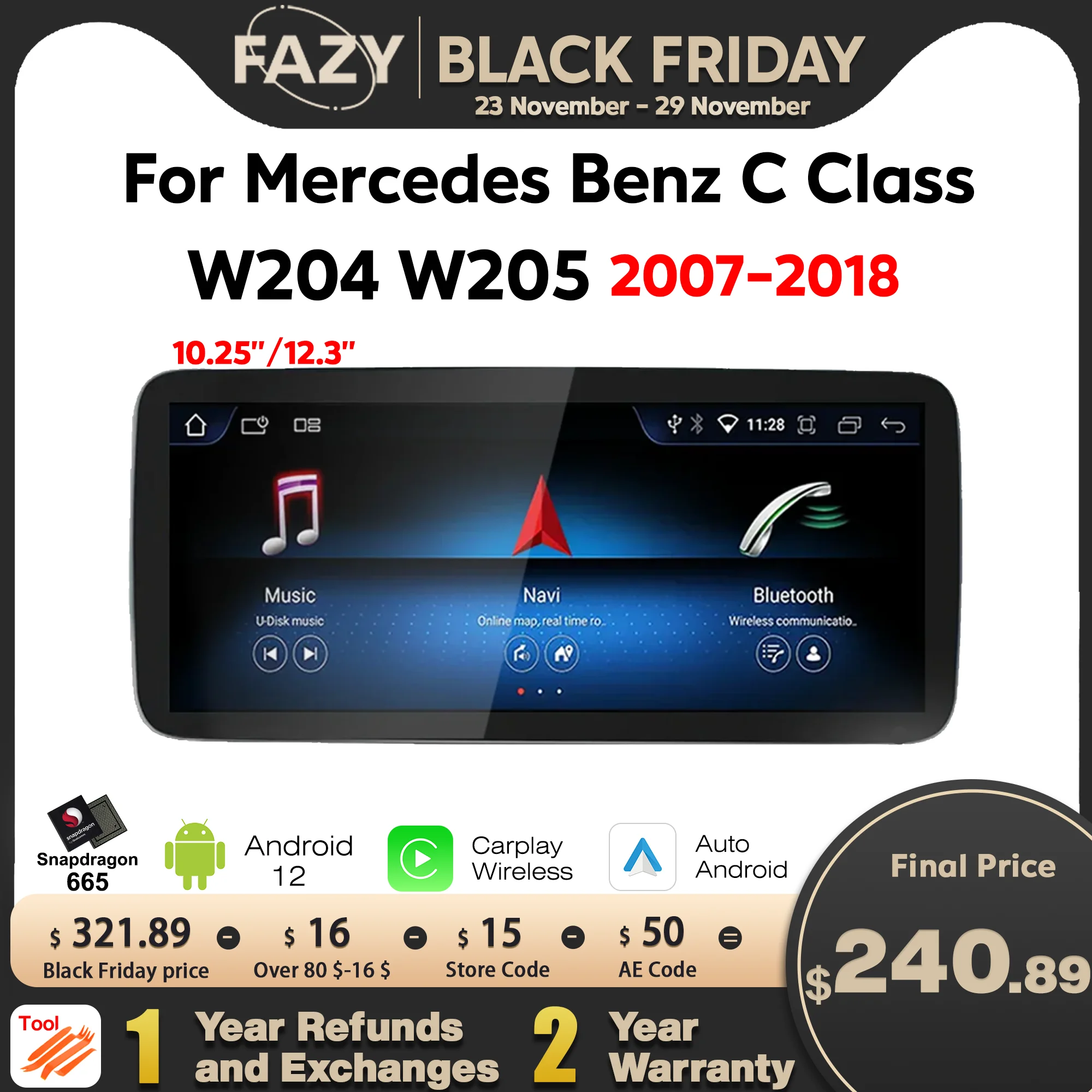 

For Mercedes Benz C Class W204 W205 Radio Android Auto Apple CarPlay Car Central Multimedia Player 256GB Intelligent Screen Navi