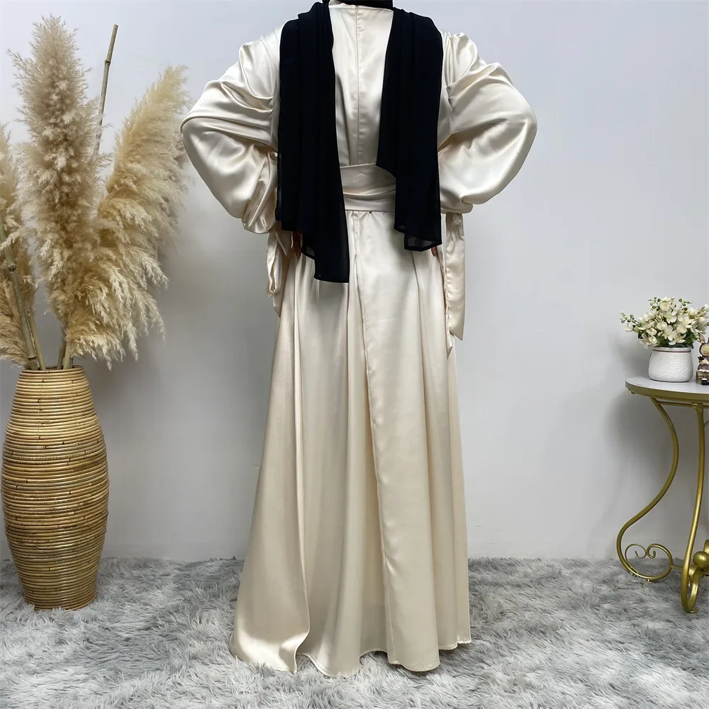 Fashionable and Minimalist Solid Satin Lace Up Sleeves Elegant Dress Muslim Women's Dress Muslim Maximum Dresses for Women