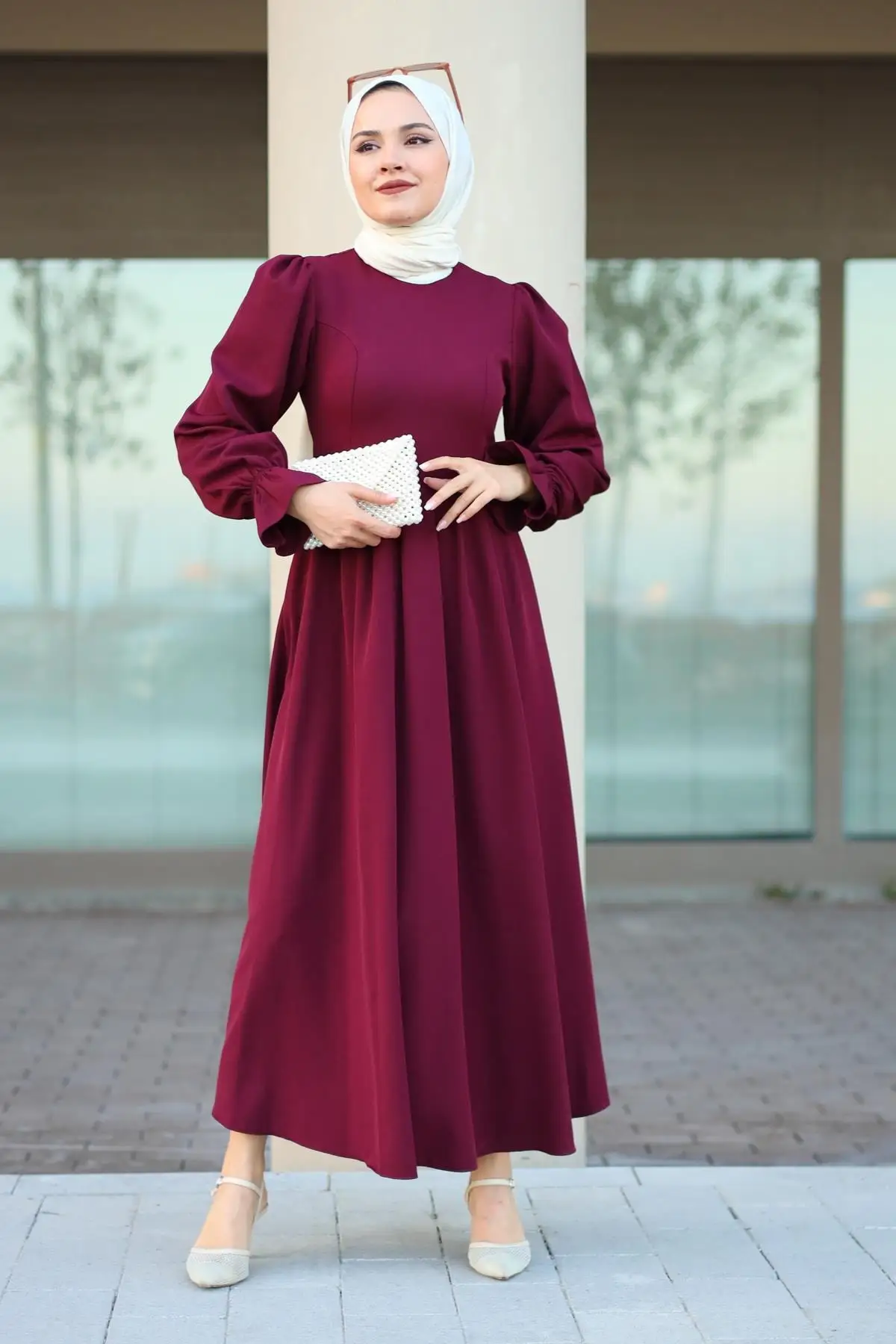 

Платье с рукавом-воздушным шаром-женское фиолетовое длинное крепированное платье