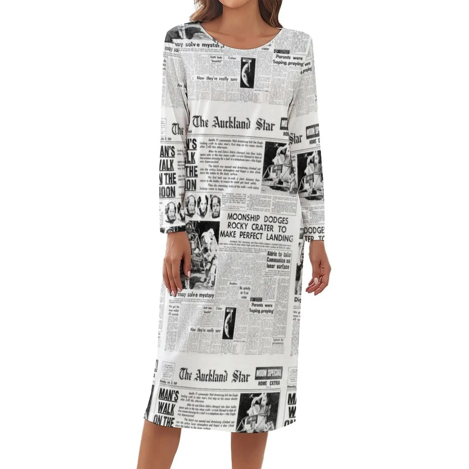 

Newspaper Headlines Pajamas Historic Moon Landing Elegant Dresses Long Sleeves Printed Sleepwear Women O Neck Night Pajama