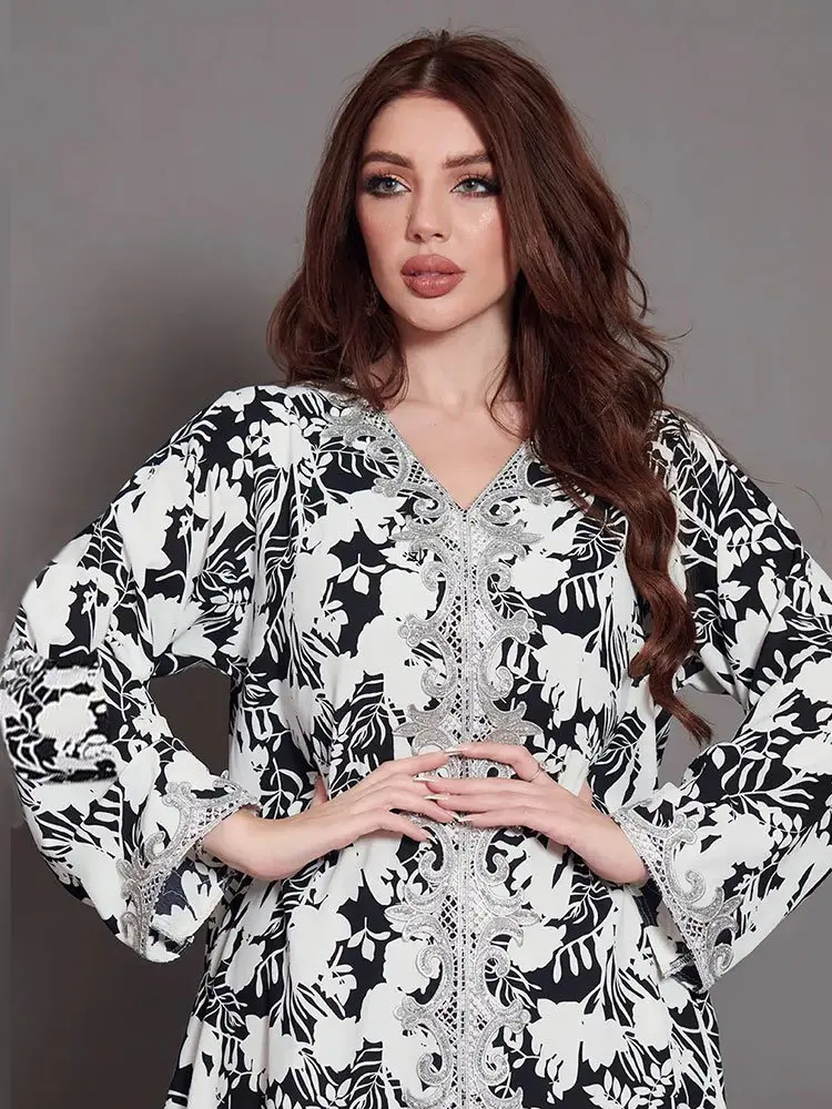 Sequins Kaftan Ethnic Long Dress Women Floral Print Arab Muslim Dresses Moroccan Gandoura Casual Robe Gulf Jalabiya Dubai Abayas