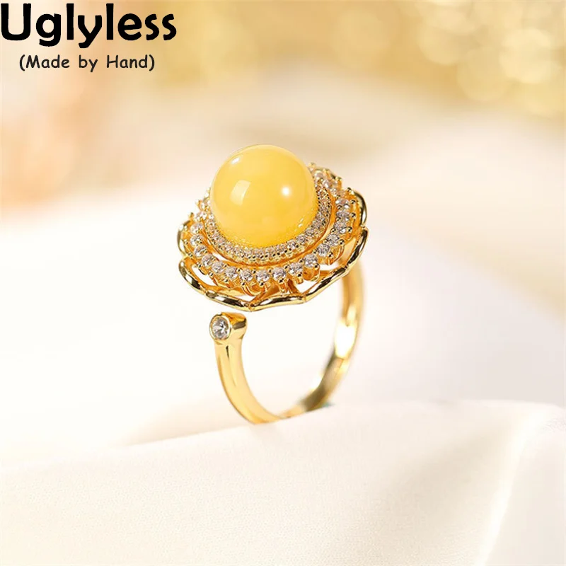 

Uglyless Spinning Hollow Crystals Rings for Women GOOD LUCK Gifts Jewelry Nature Amber Beeswax Open Rings Gold 925 Silver Bijoux