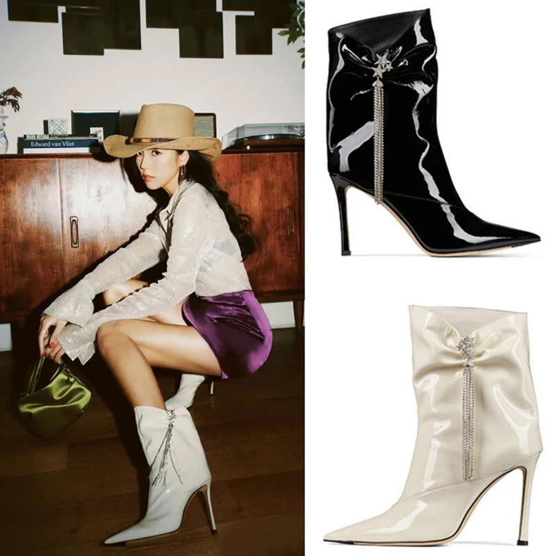 Patent Leather Rhinestone Short Boots 2022 Winter Pointed Thin Heel Mid-calf Boots Metal Chain Decorate Runway Nightclub Pumps
