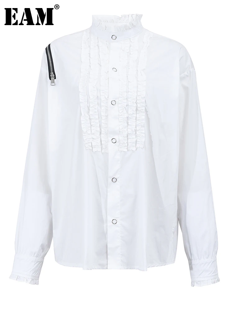 

[EAM] Women White Irregular Big Size Blouse New Stand Collar Long Sleeve Loose Fit Shirt Fashion Tide Spring Autumn 2023 1DF6300