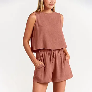 Summer  Sleeveless Shirt Short 2pcs Casual Women Sets Matching Sets Tops Tanks Solid Shorts And Cotton Home Suits Wear Loose 1