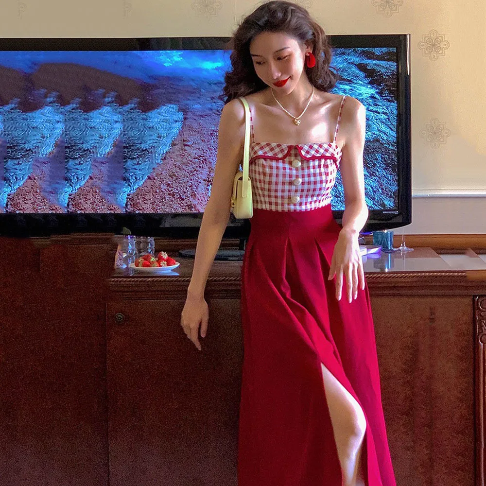

Женское винтажное платье на бретельках, клетчатое элегантное платье средней длины без рукавов с квадратным вырезом и разрезом, лето 2022