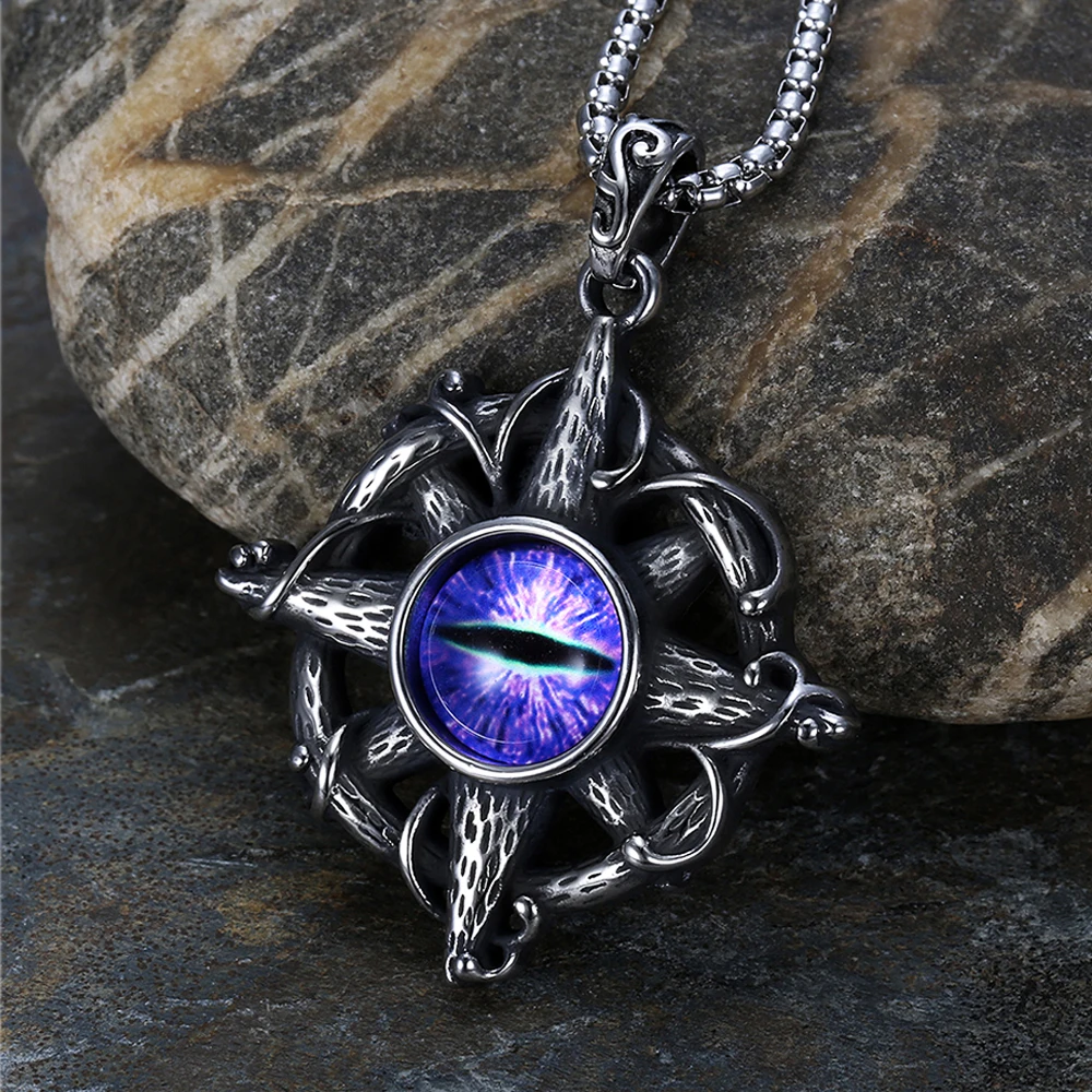 

Fashion Punk Hip Hop Evil Devil Eye Pendant Necklaces For Men Stainless Steel Rune Bule Stone Necklace Jewelry Gift Wholesale