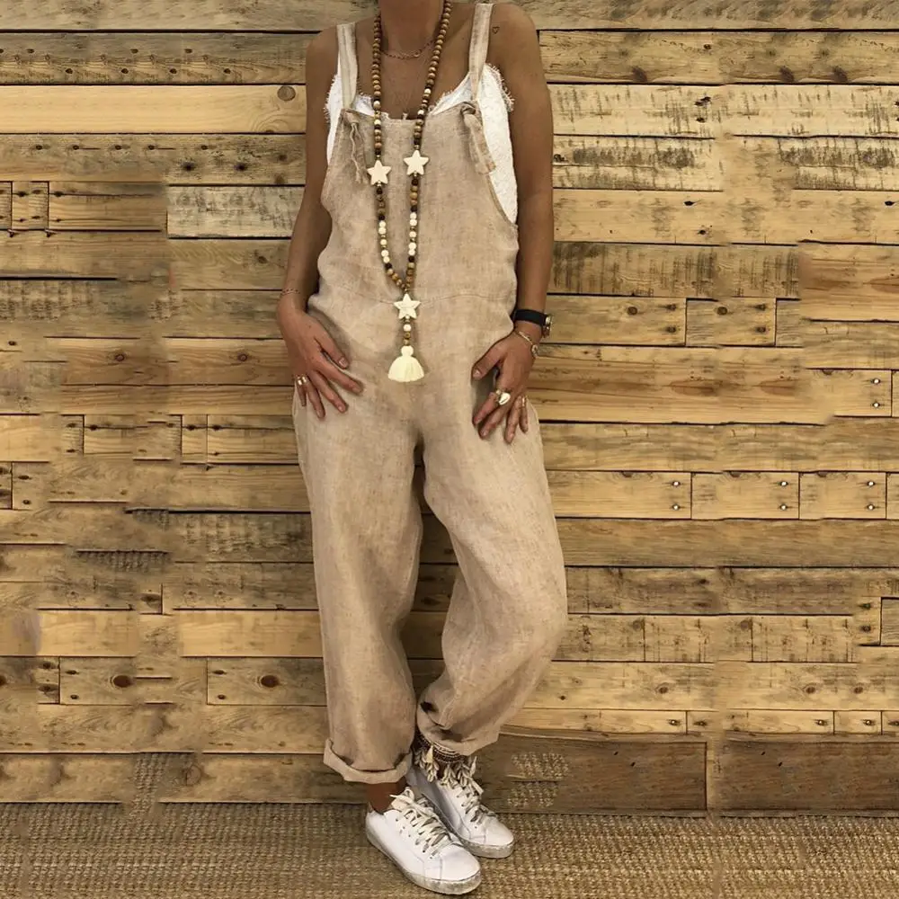 

Women Overall Casual Jumpsuit Straps Sleeveless Solid Color Loose Adjustable Bib Overall