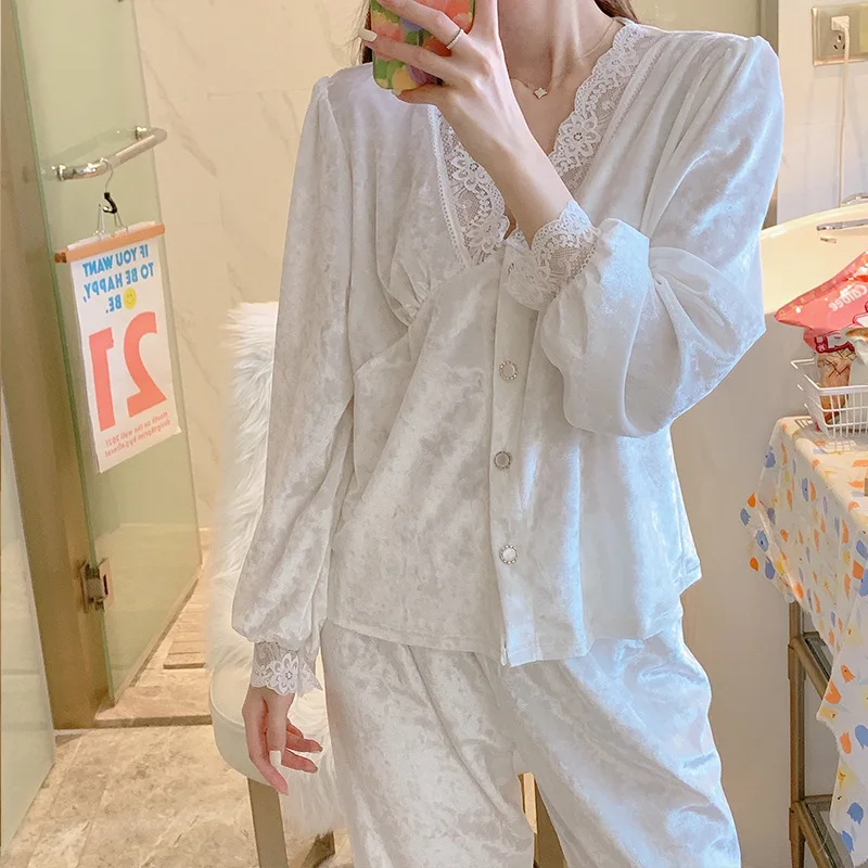 

Velvet Womens Pajamas Negligee Lace Pyjama Nightwear Set V Neck Tops Pants Pyjamas Loungewear Sleepwear Home Suit Clothes